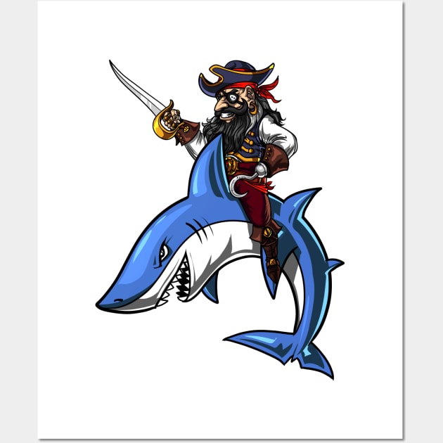 Pirate Captin Riding Shark Ocean Wall Art by underheaven